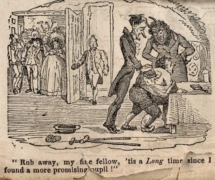 A devil overseeing a man having his back scrubbed; representing John St. Jo.. Stock Illustration