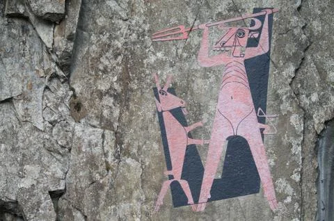 Devil painting on the famous devil's bridge over the Schllenen canyon in Swit Foto stock