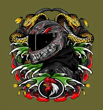 Devil pattern helmet with water background and king cobra Stock Illustration