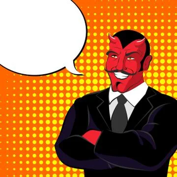 Devil pop art. Red horned demonl and text bubble. Satan laughs. lucifer in  b Illustrazione stock