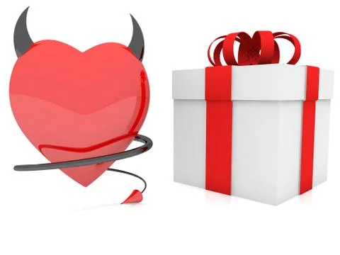 Devil red heart with horn and tail near gift box 스톡 일러스트
