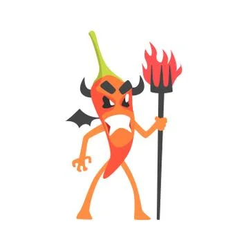 Devil Red Hot Chili Pepper Humanized Emotional Flat Cartoon Character With Wings Illustrazione stock