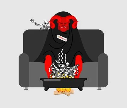 Devil sick sitting in armchair wrapped in blanket. Sinners in pelvis. Satan i Stock Illustration