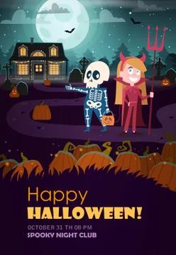 Devil, skeleton and haunted house. Halloween invitation. Stock Illustration