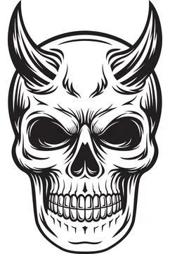 Devil skull head have horns black and white illustration Stock Illustration
