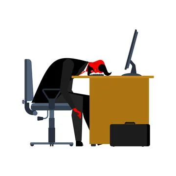 Devil tired of work. head is on table. Satan is weary. Office workplace. Armc Stock Illustration
