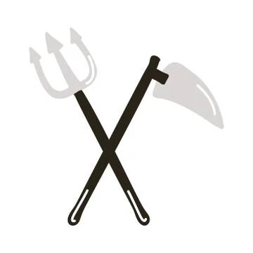 Devil trydent fork and scythe flat style icon Stock Illustration