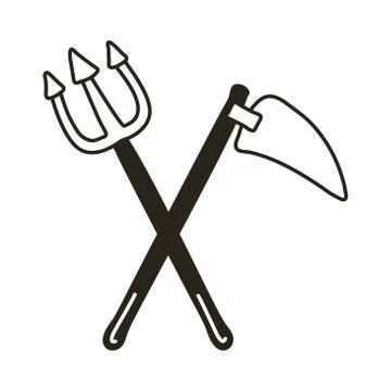 Devil trydent fork and scythe line style icon Stock Illustration