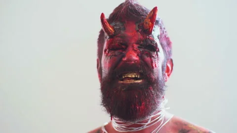 Devil vampire portrait. Halloween red devil monster. Krampus. Christmas devils Stock Footage 89840897