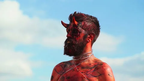 Devil vampire portrait. Halloween red devil monster. Krampus. Christmas devils Stock Footage 89841155