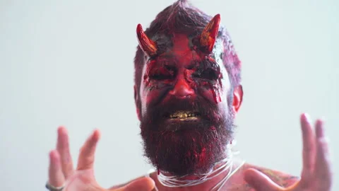 Devil vampire portrait. Halloween red devil monster. Krampus. Christmas devils Stock Footage 89888733