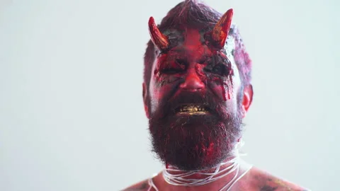 Devil vampire portrait. Halloween red devil monster. Krampus. Christmas devils Stock Footage 90631678