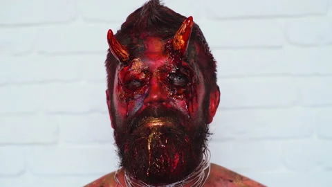 Devil vampire portrait. Halloween red devil monster. Krampus. Christmas devils Stock Footage 90967044