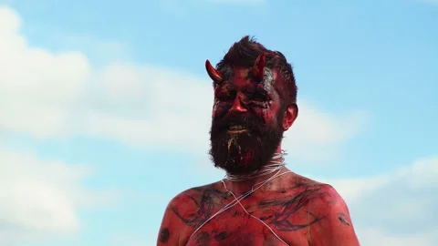 Devil vampire portrait. Halloween red devil monster. Krampus. Christmas devils Stock Footage 91181735