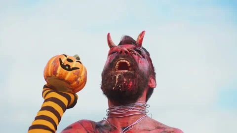 Devil vampire portrait. Halloween red devil monster. Krampus. Christmas devils Stock Footage 91470838