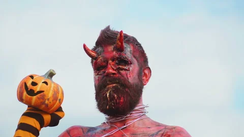 Devil vampire portrait. Halloween red devil monster. Krampus. Christmas devils Stock Footage 91565800