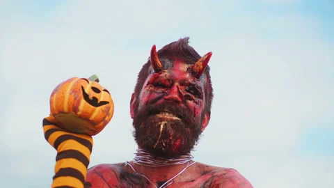 Devil vampire portrait. Halloween red devil monster. Krampus. Christmas devils Stock Footage 91703065