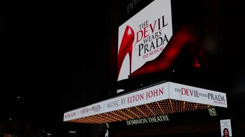 Devil wears Prada theater sign for musical performance, movie adaptation. Stock Footage 334134598