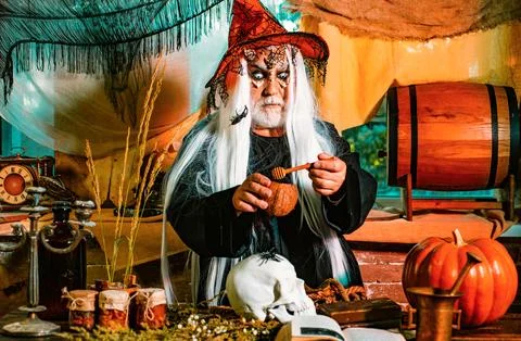 Devil in wicked witch hat. Halloween concept. Bearded man dressed like Halloween Foto stock