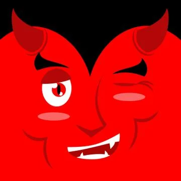 Devil winks. It suggests emotion on red background. Demon makes warning. Sata Stock Illustration