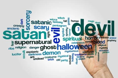 Devil word cloud concept on grey background Foto stock