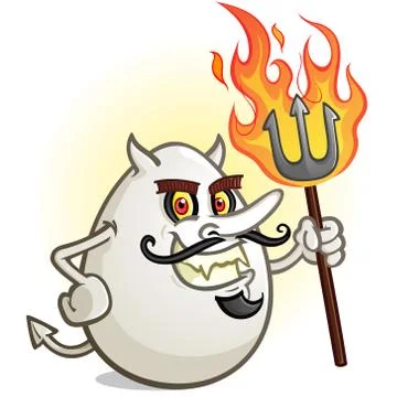A Deviled Egg Cartoon Character Holding a Flaming Pitch Fork Stock Illustration