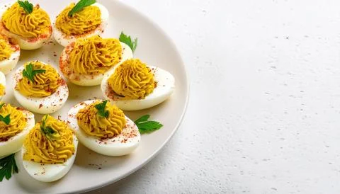 Deviled eggs, also known as stuffed, curried or dressed eggs, are hard boil.. Stock Photos