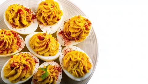 Deviled eggs, also known as stuffed, curried or dressed eggs, are hard boil.. Stock Photos