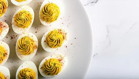 Deviled eggs, also known as stuffed, curried or dressed eggs, are hard boil.. Stock Photos