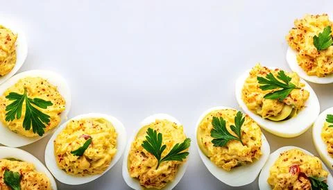 Deviled eggs, also known as stuffed, curried or dressed eggs, are hard boil.. Stock Photos