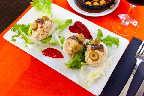 Deviled eggs with olives. Stuffed egg halves Stock Photos