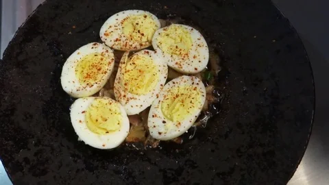 Deviled Eggs on pan 스톡 동영상 73781858