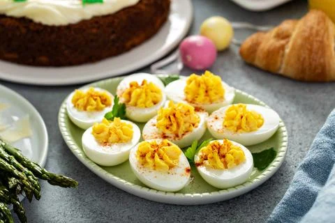 Deviled eggs with smoked paprika Stock Photos
