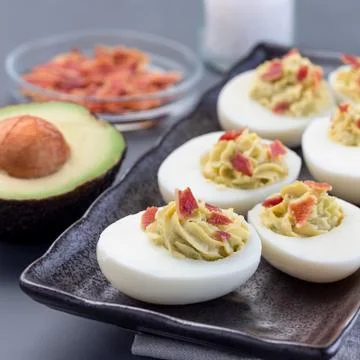 Deviled eggs stuffed with avocado, egg yolk and mayonnaise filling Stock Photos