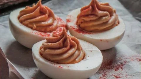 Deviled eggs topped with paprika on a textured cloth background Stock Photos