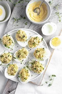 Deviled eggs on a white plate Stock Photos
