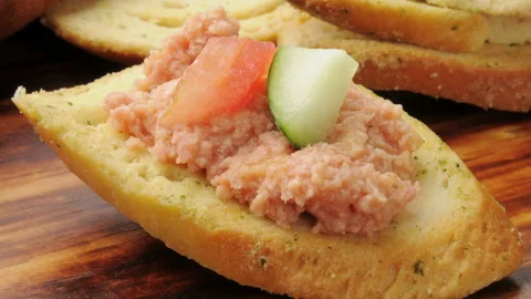 Deviled ham appetizer with tomato and cucumber Stock Footage 139115195