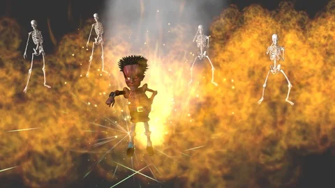 Devilish Character with Flames and Skeletons:  Looping Stock Footage 98957147