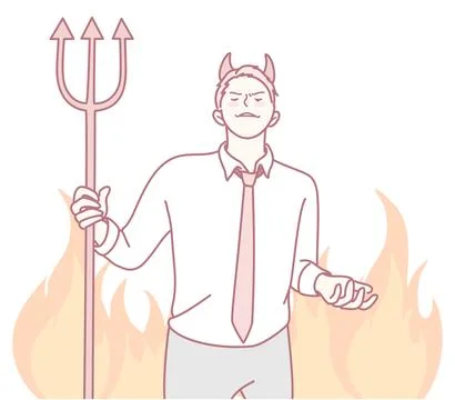 A devilish character wielding a trident in a strikingly fiery background setting Stock Illustration