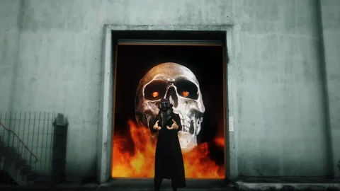 Devilish Figure Hell Gate Open Burning Skull Spooky Scene Zoom In Stock Footage 246921337