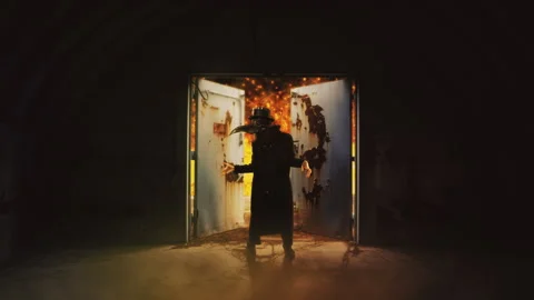 Devilish Ghostly Figure Burning Hell Gate Creepy Person Zoom In Stock Footage 250616722