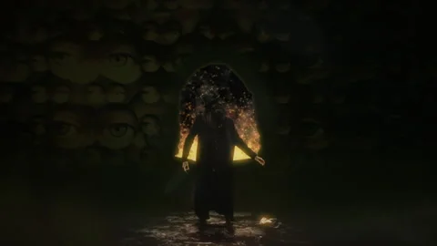 Devilish Spooky Figure Witchcraft Dark Cave Lurking Eyes Souls Burning Hell Stock Footage 246868890