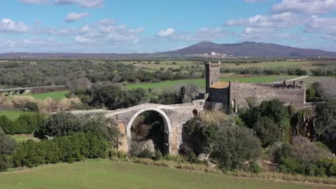 The Devil's Bridge and the Abbadia Castle in Vulci, Canino, Viterbo Stock Footage 149077789