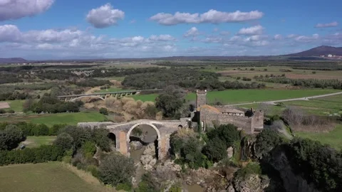 The Devil's Bridge and the Abbadia Castle in Vulci, Canino, Viterbo Stock Footage 149077807