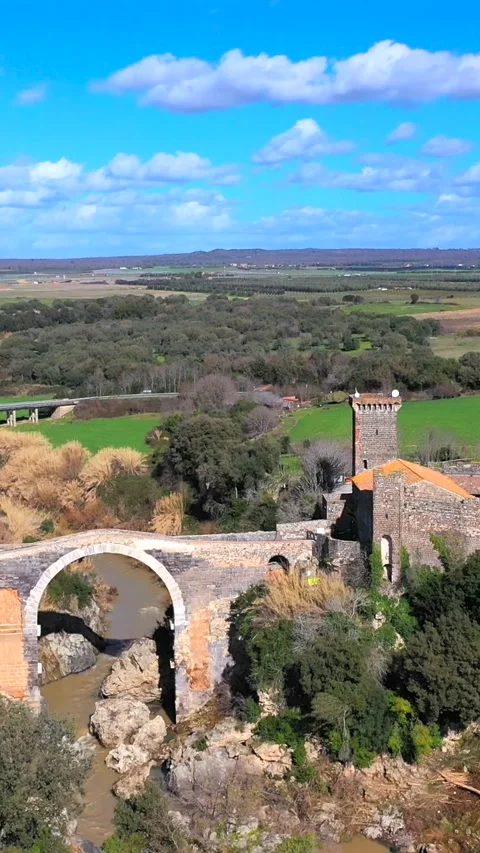 Devil's Bridge and Abbadia Castle in Vulci, Canino, Viterbo. Italy. Stock Footage 293230855