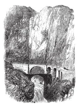 Devil's Bridge in Uri, Switzerland, vintage engraving Stock Illustration