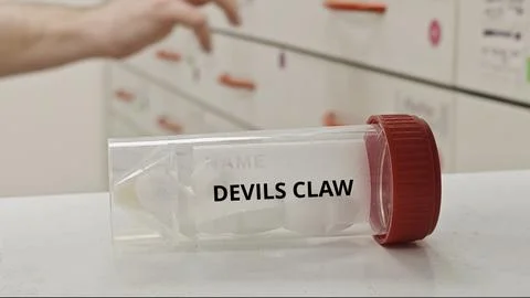 DEVILS CLAW tablets used to relieve pain and inflammation in joints Fotos de archivo