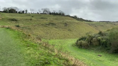 Devil's Dyke V-shaped dry valley on the South Downs Way in southern England Stock Footage 164669537