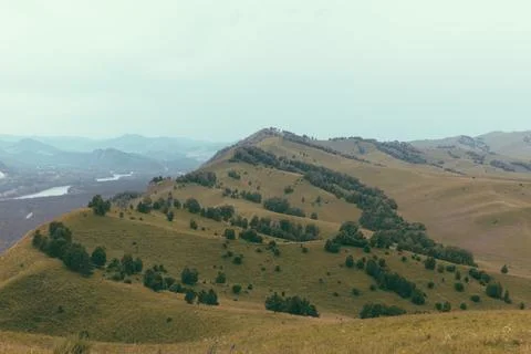 Devil's Finger Mountain ridge with rolling hills and forest, Altai landscape Stock Photos