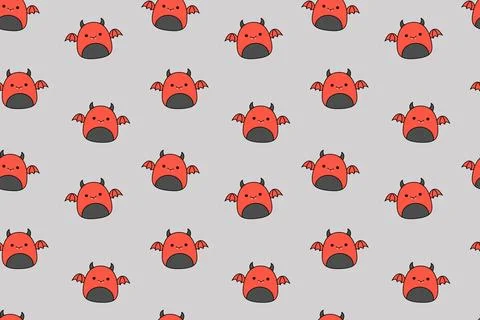 Devils on Halloween seamless pattern. Squishmallow. Cute devil. Kawaii, Vector Stock Illustration